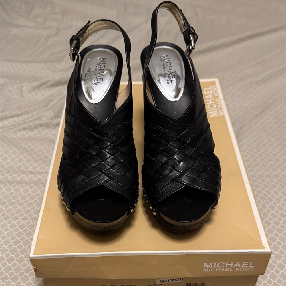 Michael Kors Black Woven Peep-Toe Heels